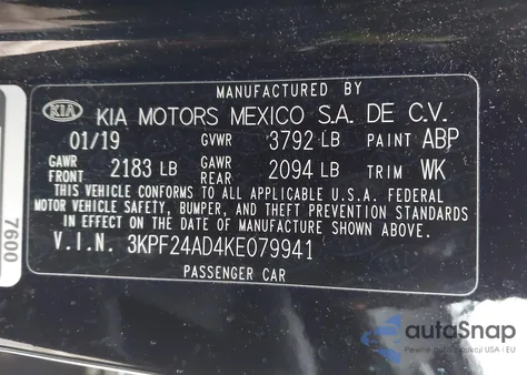 2019 Kia Forte Fe из США, поврежденный, VIN 3KPF24AD4KE079941